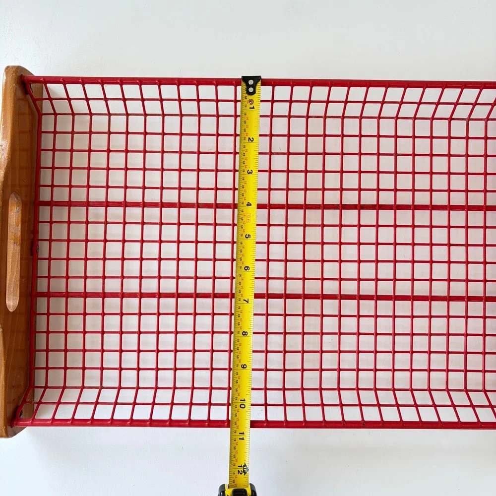 Vintage Red Wire Mesh Serving Tray Wooden Handles MCM Industrial Retro Grid